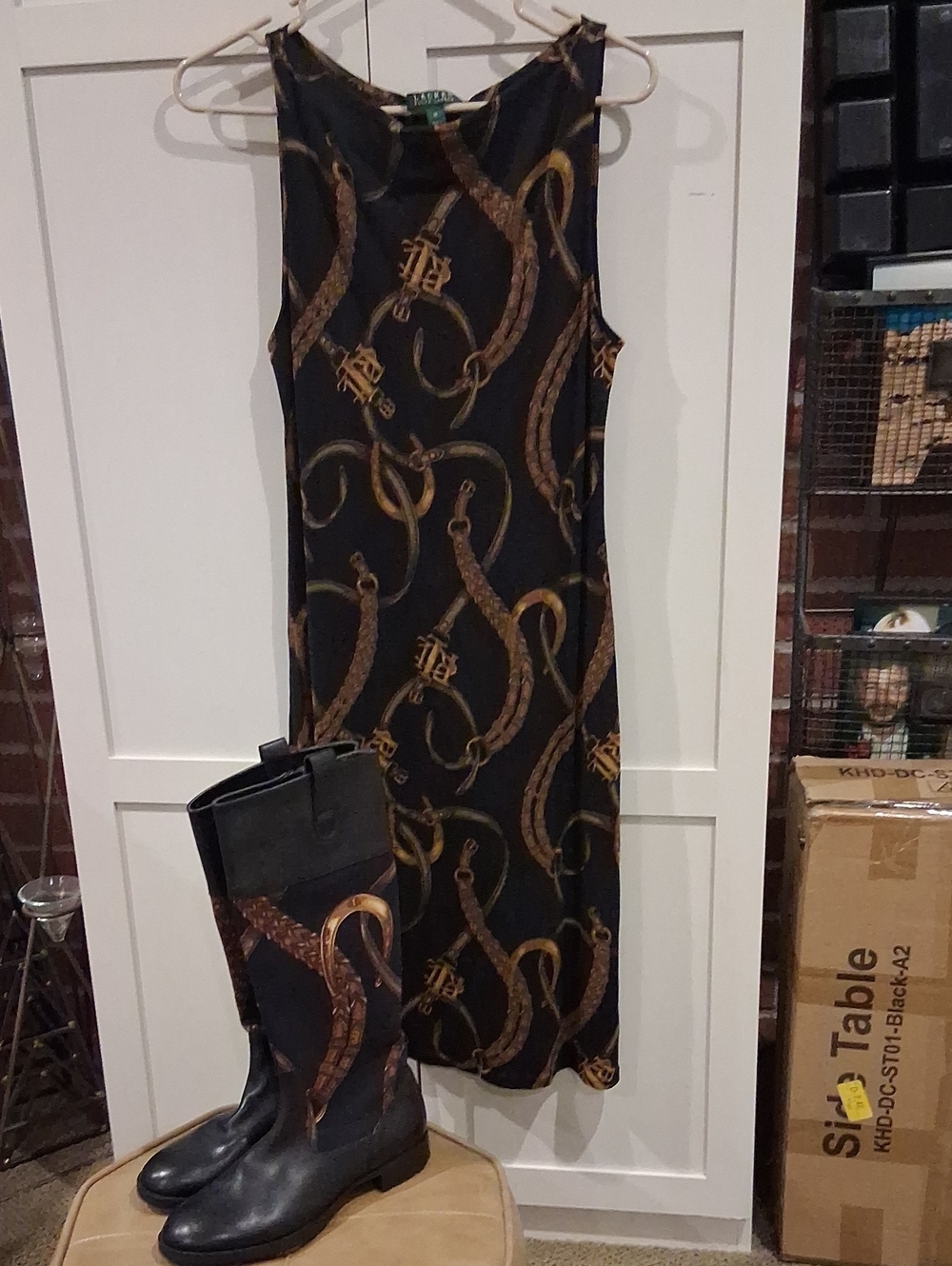 Lauren Ralph Lauren Black Dress with Gold & Brown Chain Rope Print